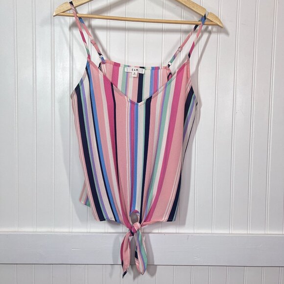 E&M Striped Cami Tank Top Women's Size M V-Neck Knot Front Sleeveless Blouse - Picture 2 of 10
